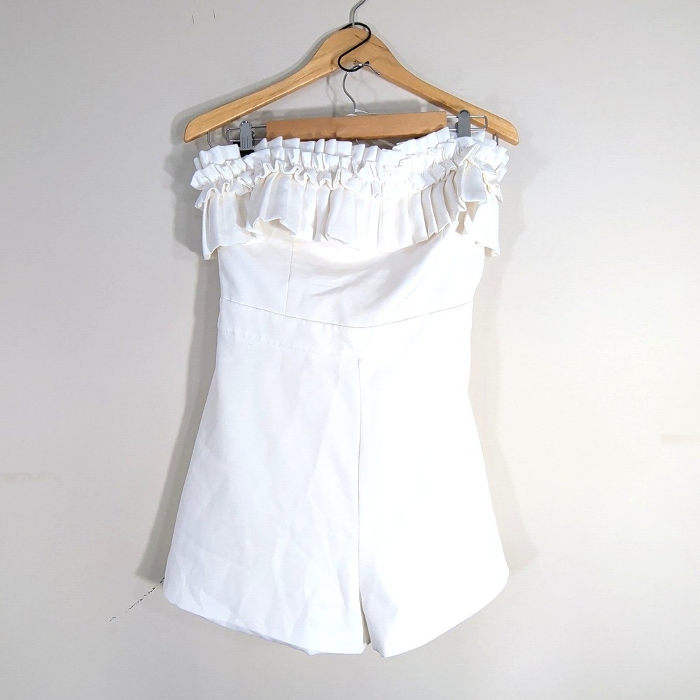 White Strapless Romper; Ruffle Trim Pleated Bodice; NWOT